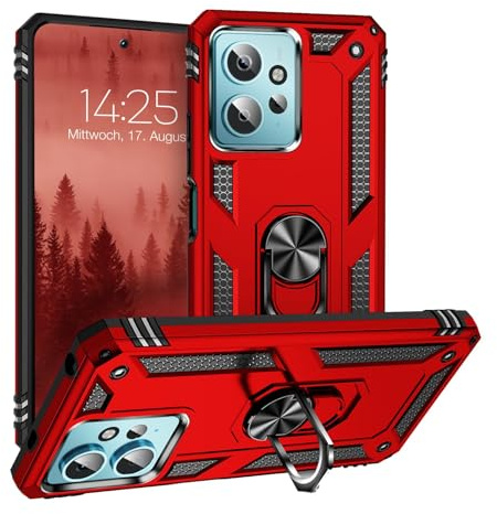 LBH Outdoor Hülle für Xiaomi Redmi Note 12 Armor Militär Stoßfest Handyhülle 360 Grad Metal Ring Halter Ständer Schutzhülle für Handyhalterung Auto Magnet Rot