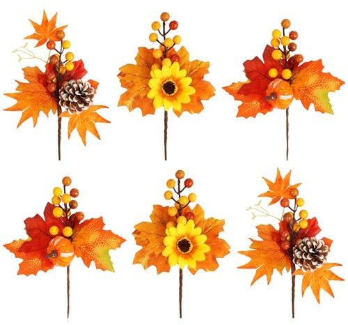BOFUNX 6pcs Fiori Artificiali Autunnali Foglie Autunnali di Zucca Pigne Artificiali Autunnali da Interno Esterno Bouquet Decorazioni Autunnali per Raccolto Autunnale Ringraziamento Halloween