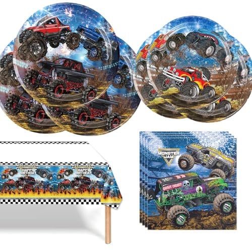 Monster Truck Partygeschirr Rennwagen, Monster Party Truck Geburtstagsparty,Zubehör Party Dekoration Kindergeburtstag Deko, für Kinder Geburtstagsfeier Deko Tisch Geburtstag Set (Rennen)