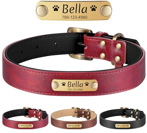 YEHANTI Personalised Dog Collars - Custom Leather Dog Collar for Small Medium Large Dog, Durable and Adjustable Dog Collar with Name Plate (Red)