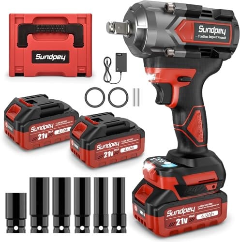 Sundpey 800Nm Akku Schlagschrauber, 21V Bürstenloser Schlagschrauber mit 2 * 4000mAh Li-Ion Akku, 2600RPM für Reifenwechsel & Gerüstbau, 6 Stecknüsse