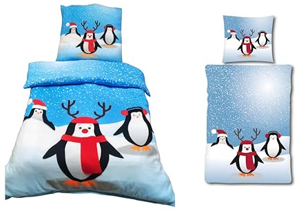 YOUNG DA - Weihnachts Pinguin mit Weihnachtsmütze - Kuschelige Fleece Bettwäsche, wärmendes 2-TLG. Set mit Bettbezug 135x200 cm & Kissenbezug 80x80 cm