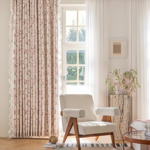 Aotiwe Gardinen Küche, Vorhänge Esszimmer Blumen Bedruckt mit Rüschen Rosa Curtains Living Room Chenille 2er Set 132 x 244cm