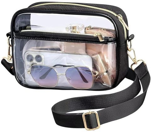 LOCCY Transparente Tasche Damen, Durchsichtig Umhängetasche Schultertasche Wasserdichte Crossbody Bags Kleine Taschen mit Verstellbarem Schultergurt für Konzerte Sportveranstaltungen Reisen (Schwarz)