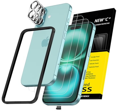 NEW'C 3 x Protector Pantalla para iPhone 16 (6,1 Pulgadas) y 3 x Protector de Lente de Cámara - Cristal Templado + Tapón Antipolvo - Herramienta de instalación fácil incluida