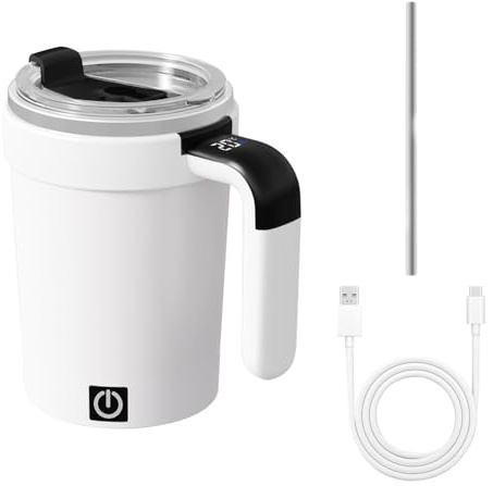 Tasse à Café Auto-mélangante, Bouteille à Mélange Électrique de 380ML, Tasse à Café Électrique en Acier Inoxydable, avec Couvercle et Paille, Affichage Température, pour Maison, Excursions et Bureau