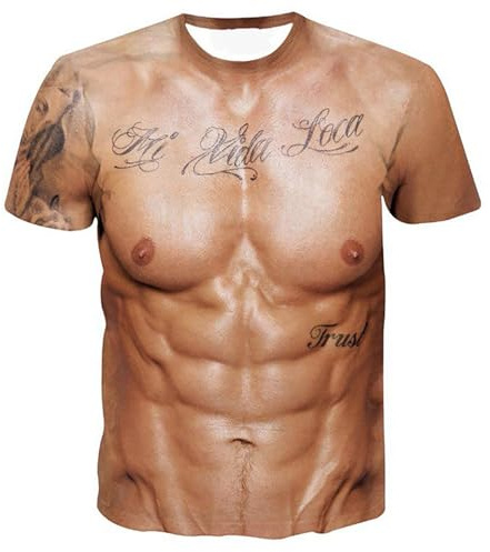Muskel Shirt Herren Fasching Lustig 3D Muskel Rundhals T-Shirt - Druck Muskelattrappe Oberteil Karneval Sixpack Shirt Sommer Coole Kurze Herren Unisex Mode Muscle Tshirt