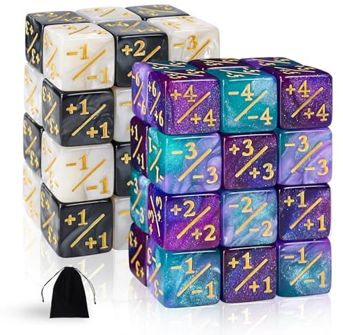 MTG Würfel Zähler, Magic Würfel 48 Stück, Acryl -1/+1 AbilityKeyword Zähler | Dice D6 Würfelzähler Token Dice mit MTG, CCG, Kartenspiel Zubehör, mit Aufbewahrungsbeuteln