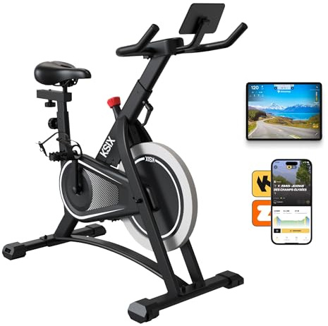 KSIX Bicicleta Estática Indoor KB01 con Resistencia Magnética Ajustable y Transmisión por Correa, Soporte para Tablet y Smartphone, Compatible con apps Kinomap y Zwift, Negro