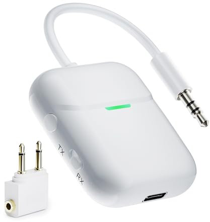 NULAXY Émetteur Bluetooth pour 2 AirPods ou appareils BT sans fil Bluetooth pour casque, adaptateur jack audio auxiliaire 3,5 mm pour avion, blanc