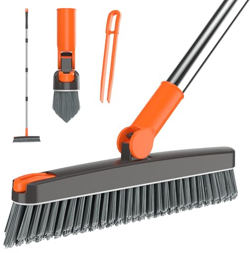 AIR U+ Grout Brush with Long Handle 180° Swivel Scrub Brush with Tweezers to Hair Clip V-Shape Grout Line Scrubber Stiff Bristles for Deep Cleaning Crevice, Tile Line, Shower, Kitchen, Corners