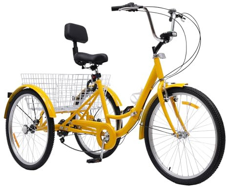 Kazafa 24 Zoll Dreirad 7-Gang Erwachsenen Dreirad Faltbares Einkauffahrrad Tragfähigkeit 120KG Dreirädriges Fahrrad für Outdoor-Aktivitäten Fahrrad mit Einkaufskorb Becherhalter & Auto Licht (Gelb)