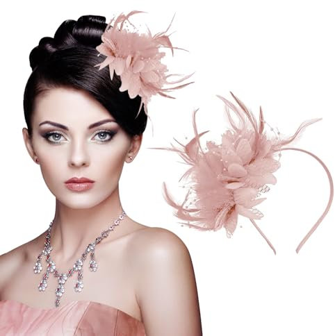 Fascinators for Weddings, Pink Fascinators for Women Feather Hair Clip, Elegant Pink Fascinator with Ribbon & Net Veil, Fascinator Hat for Wedding Prom Cocktail Tea Party Women Girls