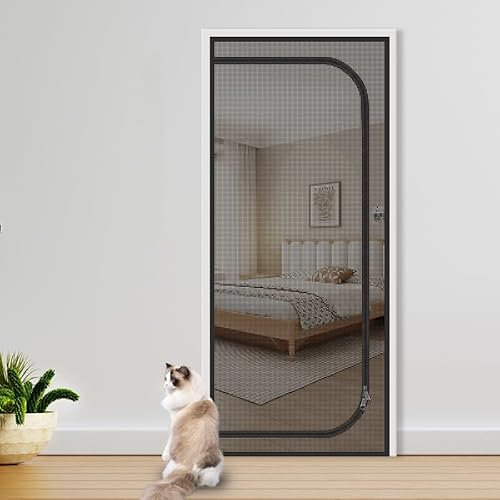Puerta Mosquitera para Gatos, Puerta de Pantalla de Gato con Cremallera, Evita Que los Perros Gatos salgan Corriendo de la casa, Dormitorio, Sala de Estar, Cocina Puerta del Patio 90x210cm（Negro）