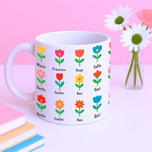 Transparent Gift Taza Personalizada Flores para Profesores. Regalos Originales para Profe Fin de Curso. Taza para Café o Desayuno. Regalos para Mujer y Hombre. Taza Decorativa con Nombres.