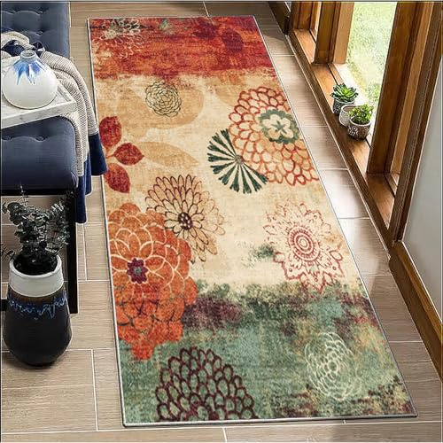 BORKOY Rot/Orange/Grün Blumenmuster - Rutschfester Waschbarer Teppichläufer für Korridor & Küche | Polyester Meterware Anpassbar für Wohnzimmer & Schlafzimmer