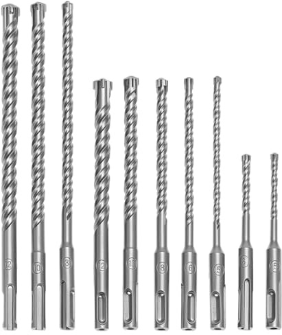 QWORK® 10 pièces coffret de forets SDS Plus, pour béton, brique et pierre avec conception à 4 tranchants, Ø 5, 6, 8, 10, 12 mm, longueur 110 mm, 160 mm, 210 mm