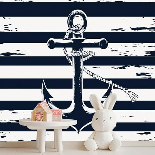 Photo Mural Wallpaper Sailing Stripes Boat Hook Adventure - Navy Blue Photo Wallpaper Bedroom 3D Effect, 400 x 280 cm (W x H) Non-Woven Living Room Wall Mural for Home Tv Background Poster Decoration