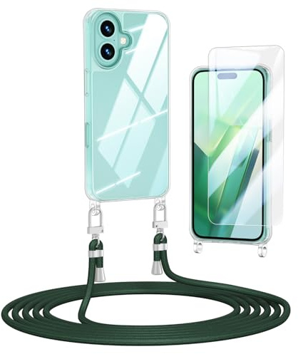Anshow Verbesserte Handykette für iPhone 17 Hülle mit Band + 1 Schutzfolie, Necklace Stoßfest Handyhülle iPhone 17 Case Transparent Schutzhülle zum Umhängeband Abnehmbar, Dunkelgrün