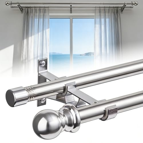 Doble barra de cortina ajustable de 2,5 cm para puerta corredera de cristal, terraza, dormitorio, plata, 76 a 110 cm