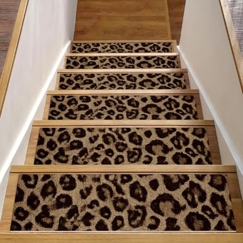 CHENZZZZ Stufenmatten für den Innenbereich, 20,3 x 76,2 cm, brauner Leopardenmuster, für den Innenbereich, Teppich, Treppenstufen, Wasserfarben, rutschfeste Stufenmatten für Kinder, ältere Menschen