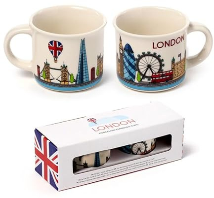 TENLITE London Icons Skyline Porcelain Espresso Cups Set of 2 – British Souvenir Coffee Mugs with London Landmarks Design – Gift Set Featuring Big Ben, London Eye, Tower Bridge, Red Bus.