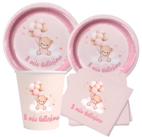 WOOPARTY Set Tavola Battesimo Bambina Rosa (48 Pezzi: 12 Piatti 23cm, 12 Piatti 18cm, 12 tovaglioli, 12 Bicchieri)