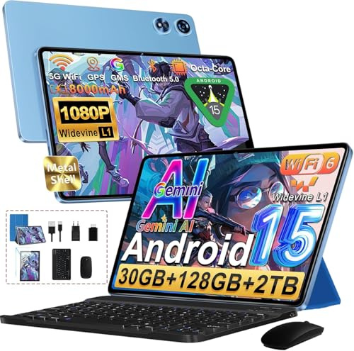 Tablette Android 15 Tablette 10 Pouces avec 30Go RAM+128Go ROM(TF/2To)Octa-Core 2.0GHz,Tablette Widevine L1,5G WiFi, Bluetooth 5.0,5MP+8MP,8000mAh, 1280*800 FHD, Tablette Tactile+Clavier+Souris-Bleu
