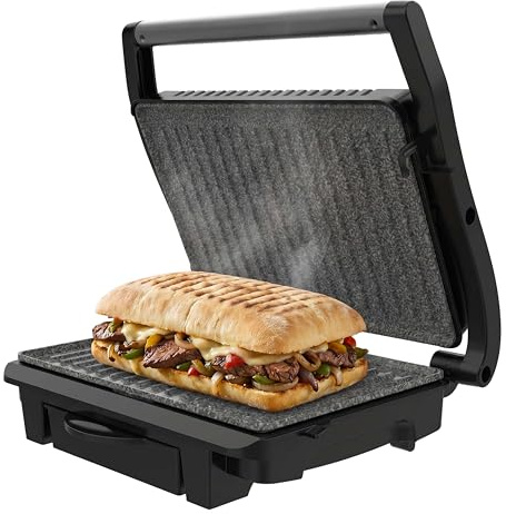Cecotec Elektrischer Kontaktgrill Rock'Ngrill Dark 1000 Pro. 1000 W, RockStone Antihaftbeschichtung, PTFE und PFOA Frei, Fettwanne, Schwimmende Platte, 25,4x17,5 cm Kochfläche und LED Anzeige