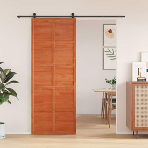 Teenpull Puerta de granero de madera de pino maciza, 80 x 208 cm, puerta corredera para interiores con fácil montaje y diseño rústico como un práctico separador de habitaciones y solución de vivienda