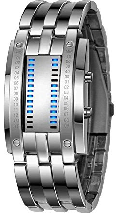Binary Watch for Men Lava Matrix Blue LED Digital Wristwatch Classic Creative Fashion Wrist Watches Unisex Dress Stainless Steel Band Silver