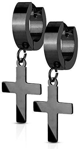 Bungsa SCHWARZE Creolen mit ANHÄNGER KREUZ - Ohrringe Set in schwarz - aus EDELSTAHL - Klappcreolen Ohrschmuck für Damen & Herren - Ohrstecker Kreolen mit Kreuz