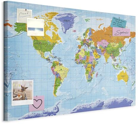 murando Tableau à Épingles, Panneau en Fibres de Bois Carte du Monde 90x60 | Punaises Incluses, Panneau et Tableau sur Toile 2-en-1, Décoration Murale, Idéal pour Notes au Bureau, Idée Cadeau