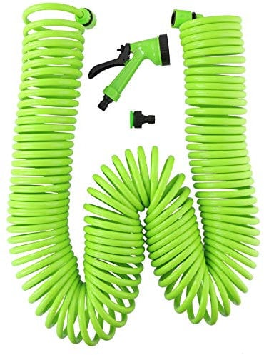Kinzo - Kit completo 30 con metri di tubo da giardino a spiralecon doccia da giardino a 5 funzioni rapido da collegare attacco rubinetto da 1/2 pollice