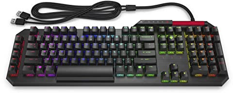 HP OMEN Sequencer Tastiera Ottico Meccanica, Switch Blue, Tempo Risposta 0.2 ms, 5 Tasti Programmabili, Illuminazione RGB, Regolazione Volume Rollover Bar Metallo, Layout Italiano, USB, Nera