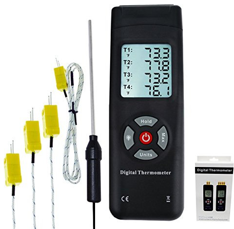 Thermometer 4 Kanäle K-Typ Thermoelement-Sensor-Tester mit K-Typ Metall Probe, Hintergrundbeleuchtung und Temperatur Instrument