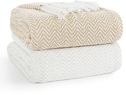 EHC PAIR Pack Chevron Cotton Throws for Sofa Settees Chair Cover Blanket, 127 x 152cm (Pack of 2) - Ivory/Tan