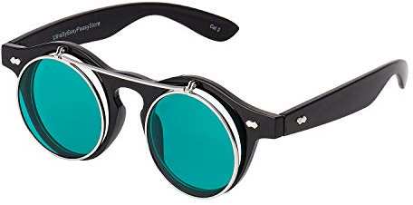 Ultra Schwarz Rahmen mit Dunkel Grün Linsen Flip Up Ronde Steampunk Sonnenbrille Retro Frau Mann UV400 UVA Vintage Victorian Kreis Retro Sonnenbrille Steampunk Brille Sonnenbrille zum Hochklappen