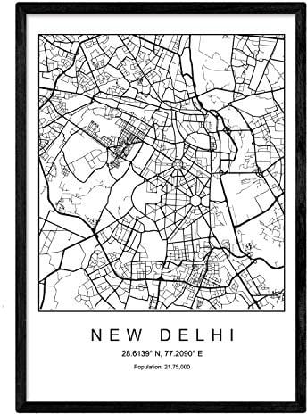 Nacnic Drucken Stadtplan New Delhi skandinavischen Stil in Schwarz und Weiß. Plakat A4 Bedruckte Papier Keine 250 gr. Gemälde, Drucke und Poster für Wohnzimmer und Schlafzimmer