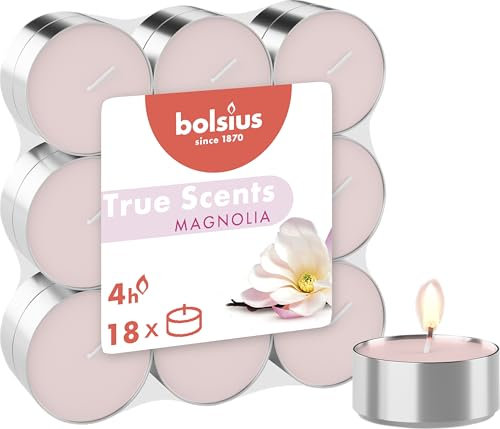 bolsius - True Scents - Lot de 18 Bougies Chauffe-Plat Parfum - Magnolie - Durée de Combustion 4 Heures - Décoration - Extraits naturels - avec Cire Naturelle végétalienne