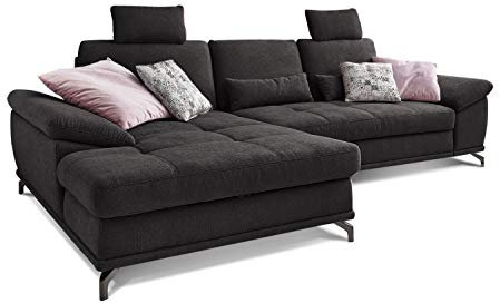 Cavadore L-Form-Sofa Castiel mit Federkern / Großes Schlafsofa in L-Form mit Bettkasten, Sitztiefenverstellung, Kopfstützen und XL-Longchair / 312 x 114 x 173 / Webstoff, Schwarz