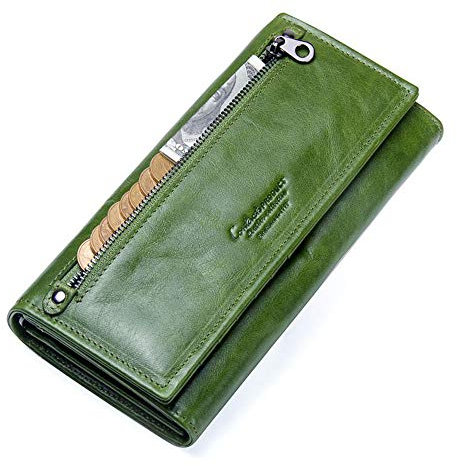 Geldbeutel Damen Leder,Damen-Portemonnaie Mit GroßEm FassungsvermöGen, Luxuswachs Echtes Leder Brieftasche Kartenhalter Clutch Organizer Damen GeldböRse,Green