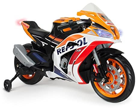 INJUSA - Moto Elettrica Repsol per Bambini da 3 a 6 Anni, Batteria 12V, con Acceleratore a Pugno, Freno Elettrico, Luci e Suoni, Connessione MP3, Velocità Massima 5-6 km/h, Colore Arancione
