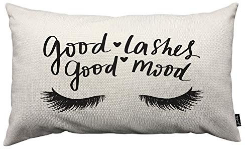 HOSNYE Good Lashes Gute Laune Wurfkissenbezug Handskizziertes Wimpern Zitat Leinenstoff für Couch Bett Sofa Auto Taille Kissenbezug 30,5 x 50,8 cm Kissenbezug
