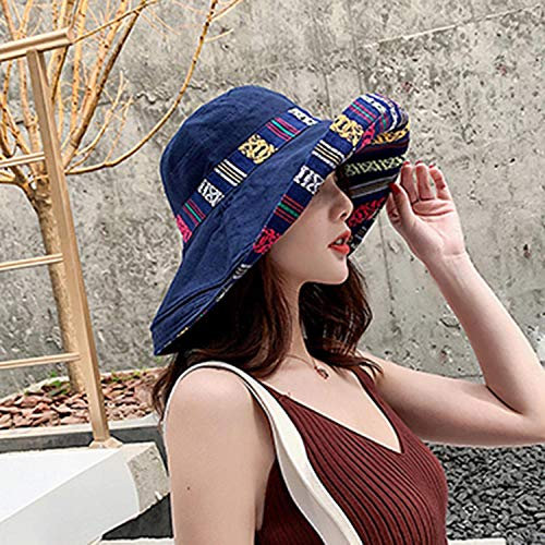 Chapeau Paille Femme Vintage Coton Chapeau Femmes Large Bord Plage Chapeau Disquette Pliable Protection Soleil Chapeaux Femmes Chapeau-Blue_One_Size