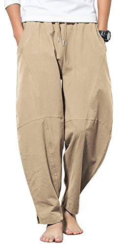 AUDATE Herren Hose Lang Leinen Freizeithose Casual Strandhose Einfarbig Sommerhose Khaki M
