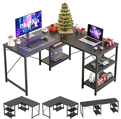 Bestier L-förmiger Schreibtisch mit Regalen Reversibel Eckschreibtisch 220CM Industrieller Langen Tisch Stabil Schreibtisch L Form Computer Workstation mit 3 Kabellöchern