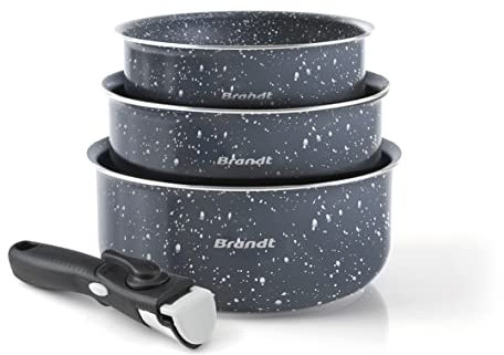 Qulinart by Brandt - Set de 3 casseroles en aluminium 16/18/20 cm avec poignée amovible - Gris marbre