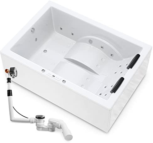 AQUADE Jacuzzi 2 Person Whirlpool Badewanne Marburg Classic 180x130 mit LED Whirlpool Beleuchtung & Badekissen für Badewanne, Badewannen Ablaufgarnitur und Überlaufgarnitur mit Zulauf