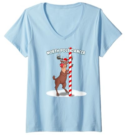 Damen North Pole Dancer Lustiges Weihnachtsrentier T-Shirt mit V-Ausschnitt